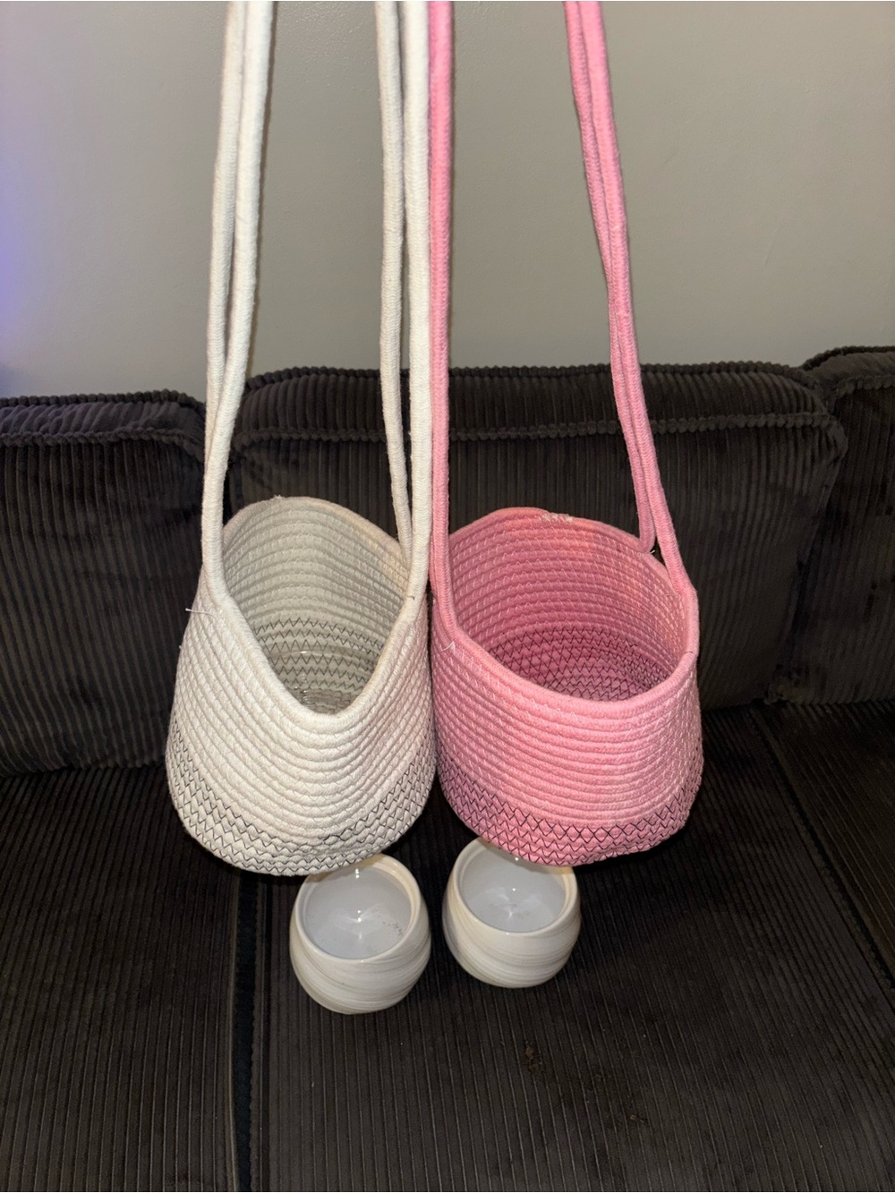 Woven Rope Bucket Bag Pair in White and Pink